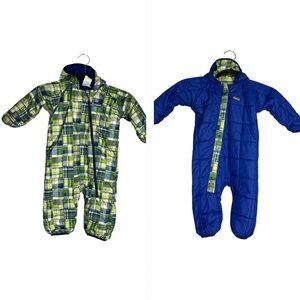 Patagonia Reversible Snowsuit Puff Ball Bunting 6 Month Baby Plaid green Blue